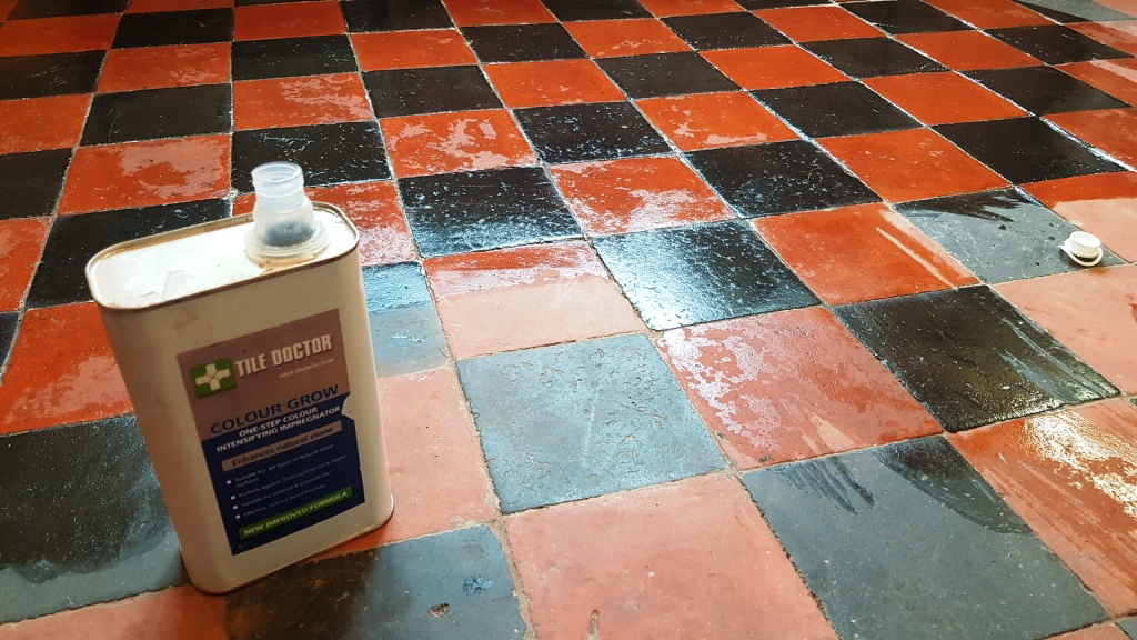 Quarry Tiled Floor Sheffield During Restoration Day 4 Applying Colour Grow