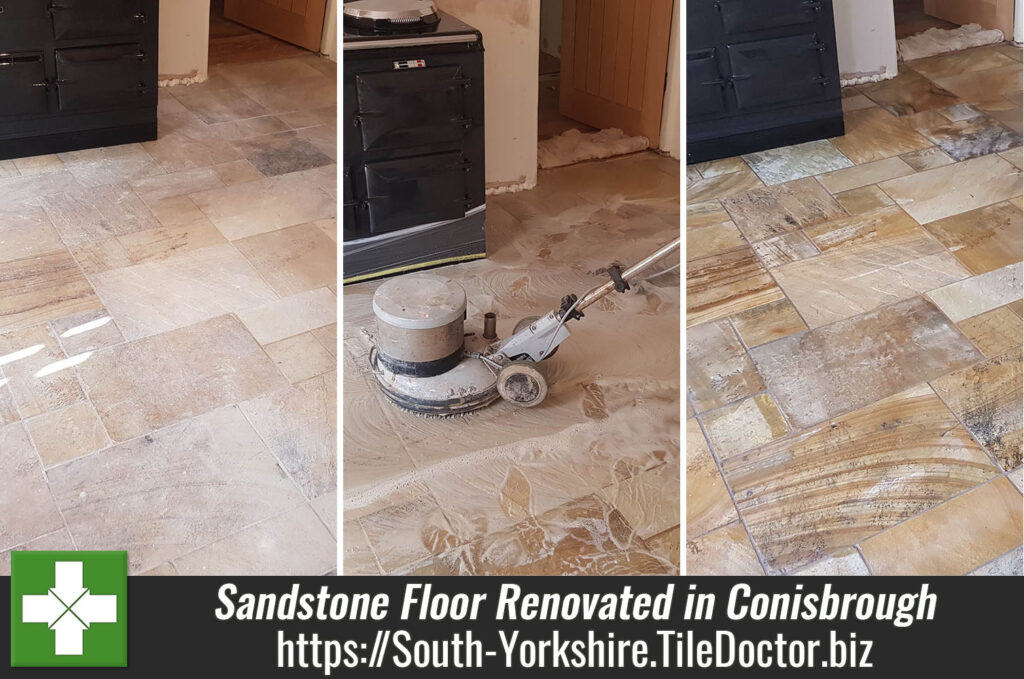 Sandstone Kitchen Floor Before and After Cleaning Sealing Conisbrough